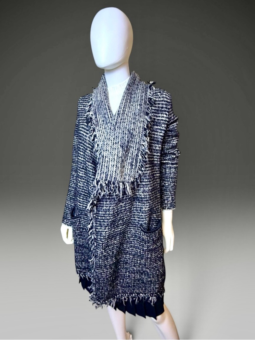 Vince Black White Fringe Open Front Sweater Coat Cardigan Large
